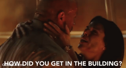 A Man Is Talking To A Woman And The Words Jumped Off A Supercrane Are Written On The Screen GIF