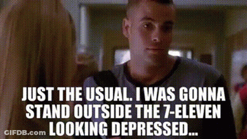 A Man Is Talking To A Woman In A Hallway And Says Just The Usual GIF