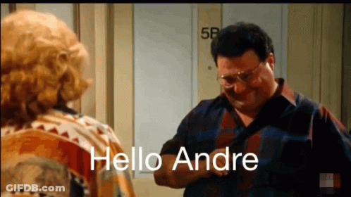 A Man Is Talking To A Woman In Front Of A Door And The Words Hello Andre Are On The Screen GIF