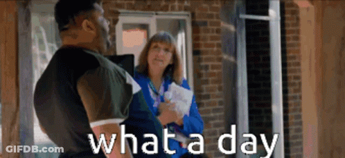 A Man Is Talking To A Woman On A Porch And The Words What A Day Are Next To Him GIF