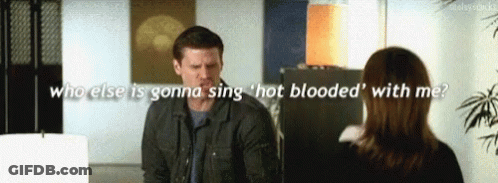 A Man Is Talking To A Woman With The Words Who Else Is Gonna Sing ' Hot Blooded ' With Me GIF