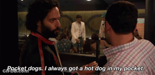 A Man Is Talking To Another Man And Says Pocket Dogs I Always Got A Hot Dog In My Pocket . GIF