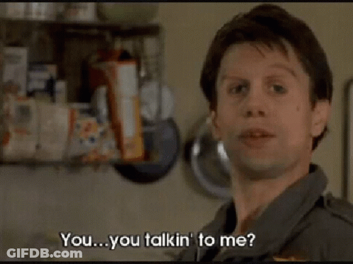 A Man Is Talking To Another Man In A Kitchen And The Man Is Saying You Talkin ' To Me GIF