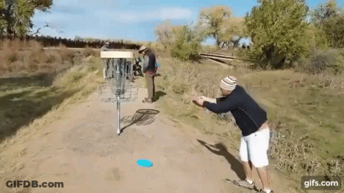 A Man Is Throwing A Frisbee Into A Basket On A Disc Golf Course . GIF