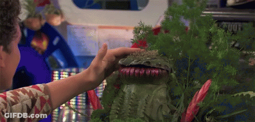 A Man Is Touching A Green Monster With Sharp Teeth Surrounded By Plants And Flowers . GIF