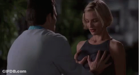 A Man Is Touching A Woman 'S Breast While Standing Next To Her . GIF