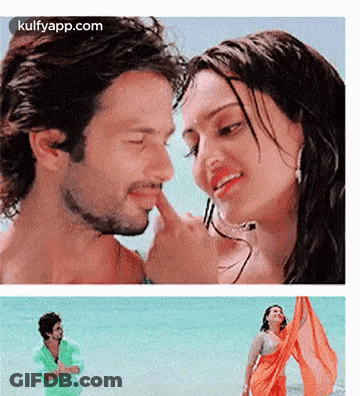 A Man Is Touching A Woman 'S Nose While A Woman In An Orange Sari Is Standing In The Water . GIF