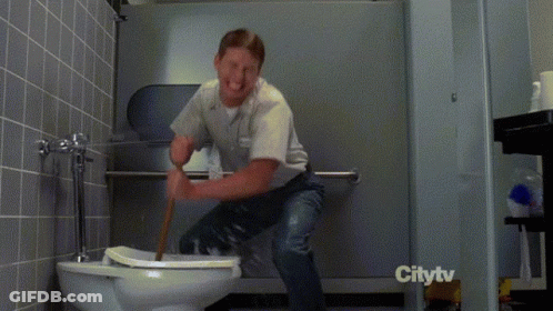 A Man Is Using A Plunger To Plunge A Toilet In A Bathroom That Is Sponsored By Citytv GIF