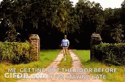 A Man Is Walking Down A Dirt Road In Front Of A Gate With A Quote From The Movie Forrest Gump . GIF