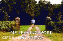 A Man Is Walking Down A Dirt Road With The Words " Me Leaving Work On Friday " On The Bottom GIF
