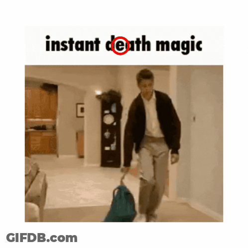 A Man Is Walking Down A Hallway With A Suitcase And The Words Instant Death Magic Below Him GIF