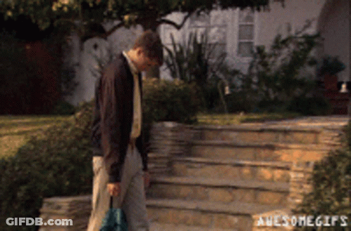 A Man Is Walking Down A Set Of Stairs With Awesome Gifs Written On The Bottom GIF