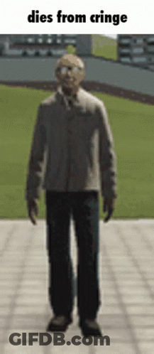 A Man Is Walking Down A Sidewalk With The Words Dies From Cringe Above Him GIF