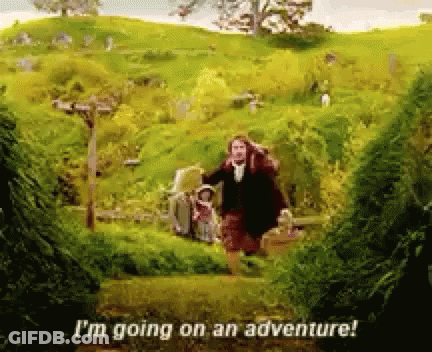 A Man Is Walking Through A Grassy Field With The Words I 'M Going On An Adventure GIF