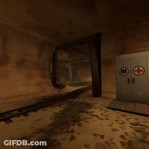 A Man Is Walking Through A Tunnel With A Red Cross On A Cabinet GIF