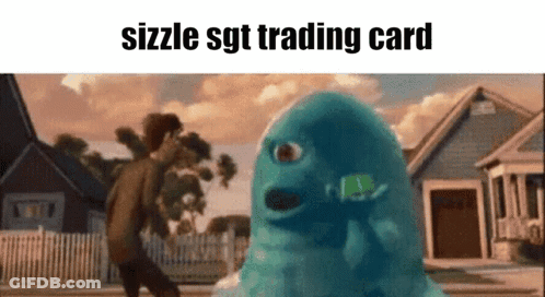 A Man Is Walking Towards A Blue Monster In Front Of A House . GIF