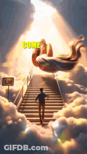 A Man Is Walking Up A Set Of Stairs With A Sign That Says 1.50 GIF