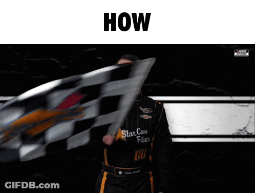 A Man Is Waving A Checkered Flag With The Words How Above Him GIF
