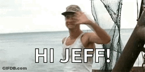 A Man Is Waving From A Boat In The Ocean And Says `` Hi Jeff ! '' GIF