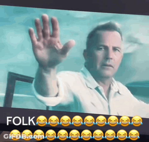 A Man Is Waving His Hand In Front Of A Screen That Says " Folk " GIF