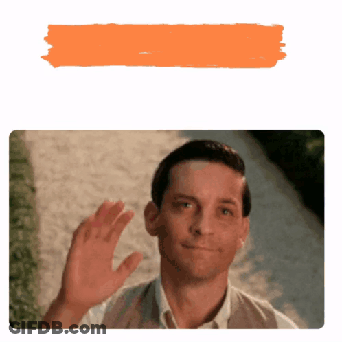 A Man Is Waving His Hand In Front Of An Orange Brush Stroke On A White Background . GIF