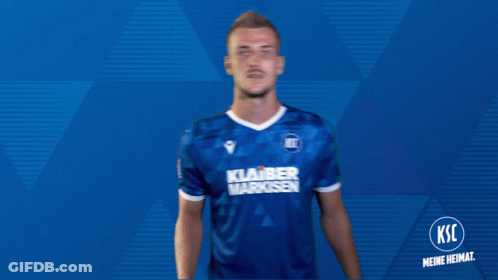A Man Is Wearing A Blue Shirt That Says Klaiber Markisen GIF