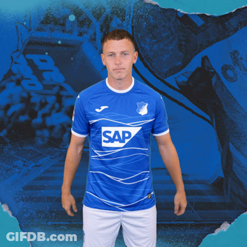A Man Is Wearing A Blue Shirt With The Word Sap On It GIF