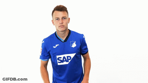 A Man Is Wearing A Blue Shirt With The Word Sap On It GIF
