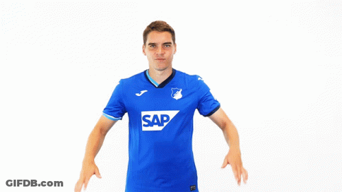 A Man Is Wearing A Blue Shirt With The Word Sap On It GIF