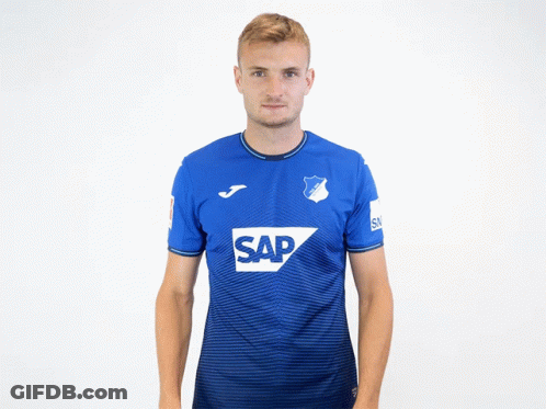 A Man Is Wearing A Blue Shirt With The Word Sap On It GIF
