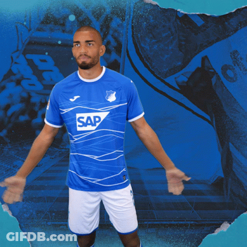 A Man Is Wearing A Blue Shirt With The Word Sap On It GIF