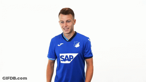 A Man Is Wearing A Blue Shirt With The Word Sap On It GIF