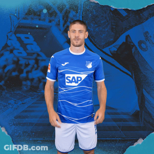 A Man Is Wearing A Blue Shirt With The Word Sap On It GIF