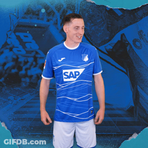 A Man Is Wearing A Blue Shirt With The Word Sap On It GIF