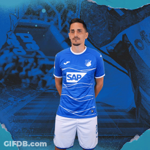 A Man Is Wearing A Blue Shirt With The Word Sap On It GIF
