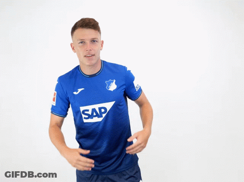 A Man Is Wearing A Blue Shirt With The Word Sap On It GIF