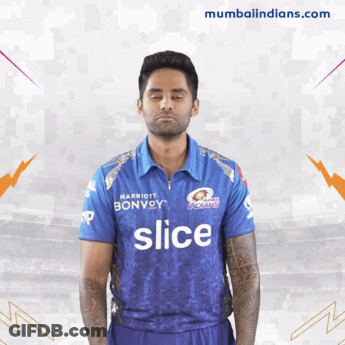 A Man Is Wearing A Blue Shirt With The Word Slice On It GIF