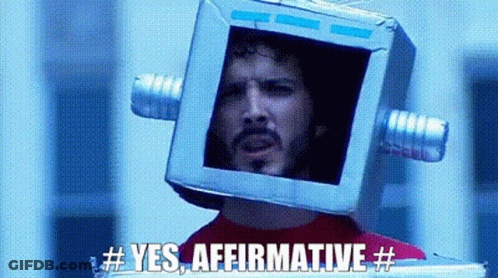 A Man Is Wearing A Cardboard Box On His Head And The Words `` Yes , Affirmative '' Below Him . GIF