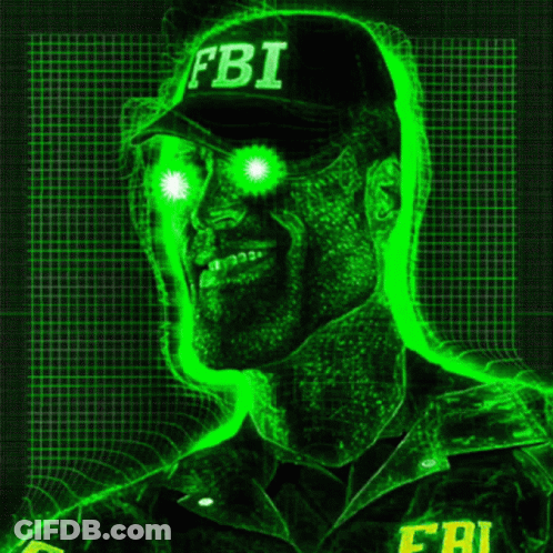 A Man Is Wearing A Fbi Hat And Glowing Green Eyes GIF