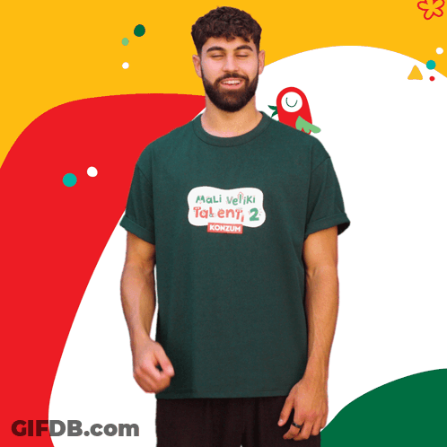 A Man Is Wearing A Green T-Shirt That Says Mali Veliki Talent 2 GIF