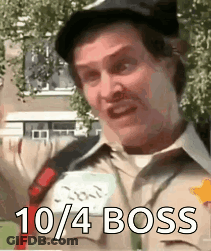 A Man Is Wearing A Hat And A Name Tag That Says ' 10/4 Boss ' GIF