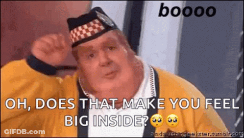 A Man Is Wearing A Hat And A Yellow Jacket And Says `` Oh , Does That Make You Feel Big Inside '' . GIF