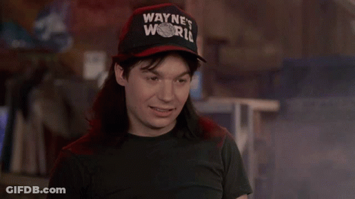 A Man Is Wearing A Hat That Says Wayne 'S World GIF