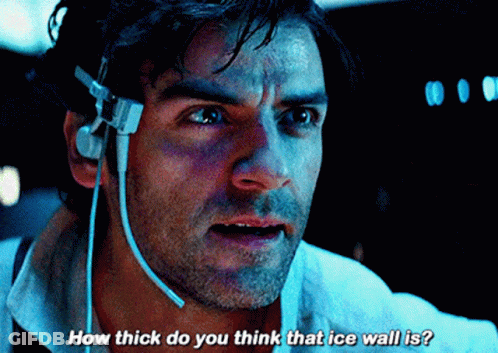 A Man Is Wearing A Headset And Asking How Thick Do You Think That Ice Wall Is GIF