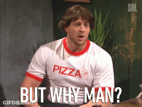 A Man Is Wearing A Pizza Shirt And Says But Why Man GIF