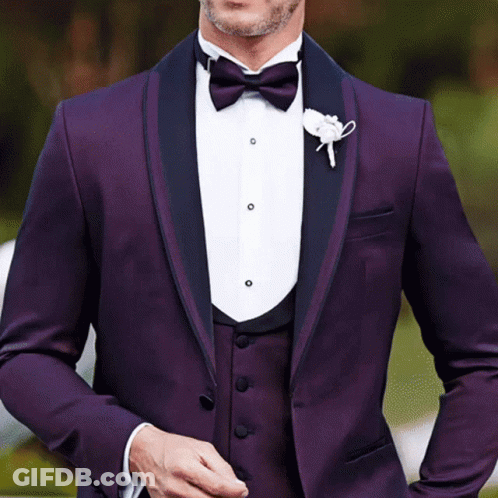 A Man Is Wearing A Purple Tuxedo With A Bow Tie GIF