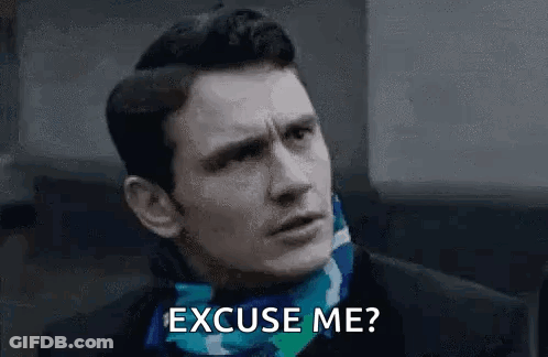 A Man Is Wearing A Scarf Around His Neck And Asking Someone To Excuse Him . GIF