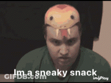 A Man Is Wearing A Snake Mask On His Head And Says I 'M A Sneaky Snack GIF