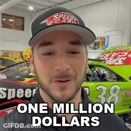 A Man Is Wearing A Speedy Cash Hat And Says One Million Dollars GIF