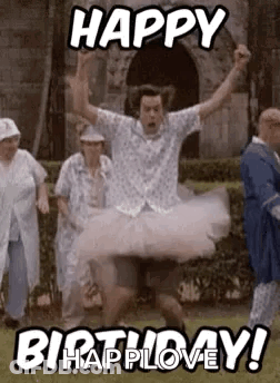 A Man Is Wearing A Tutu And Jumping In The Air While A Group Of People Are Standing Behind Him . GIF
